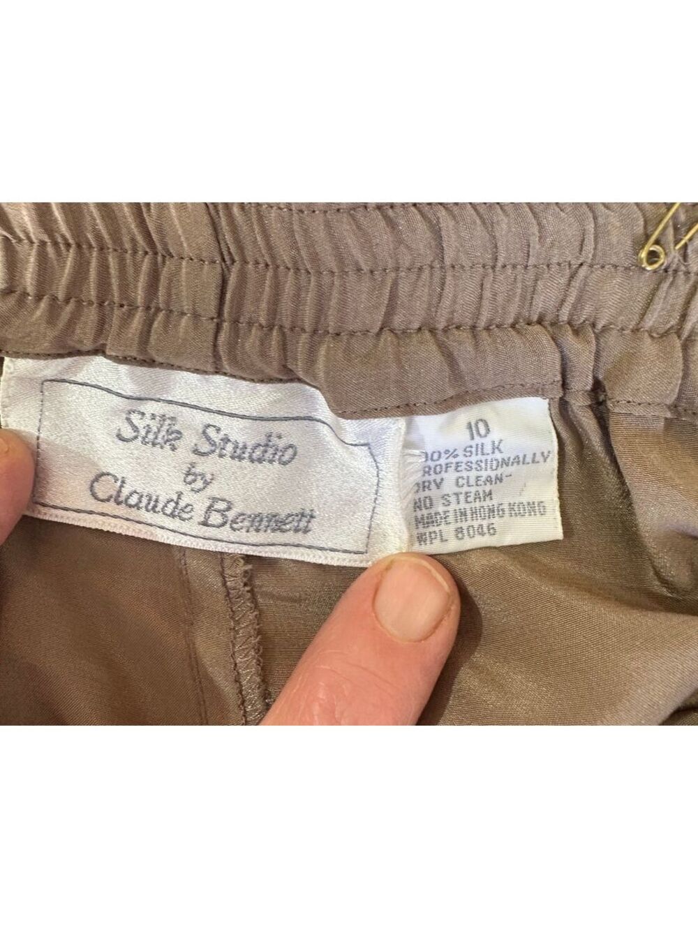 Claude Bennett Taupe Silk Pull-On Pants 10 - Picture 4 of 5